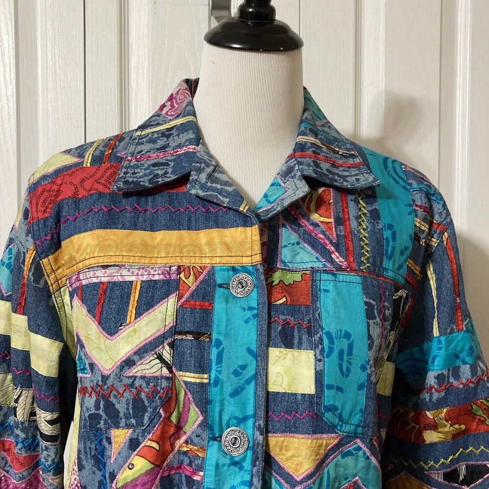 Chico's Jacket Women's Sz 2 US Large Southwestern Aztec Colorful Lined Collared